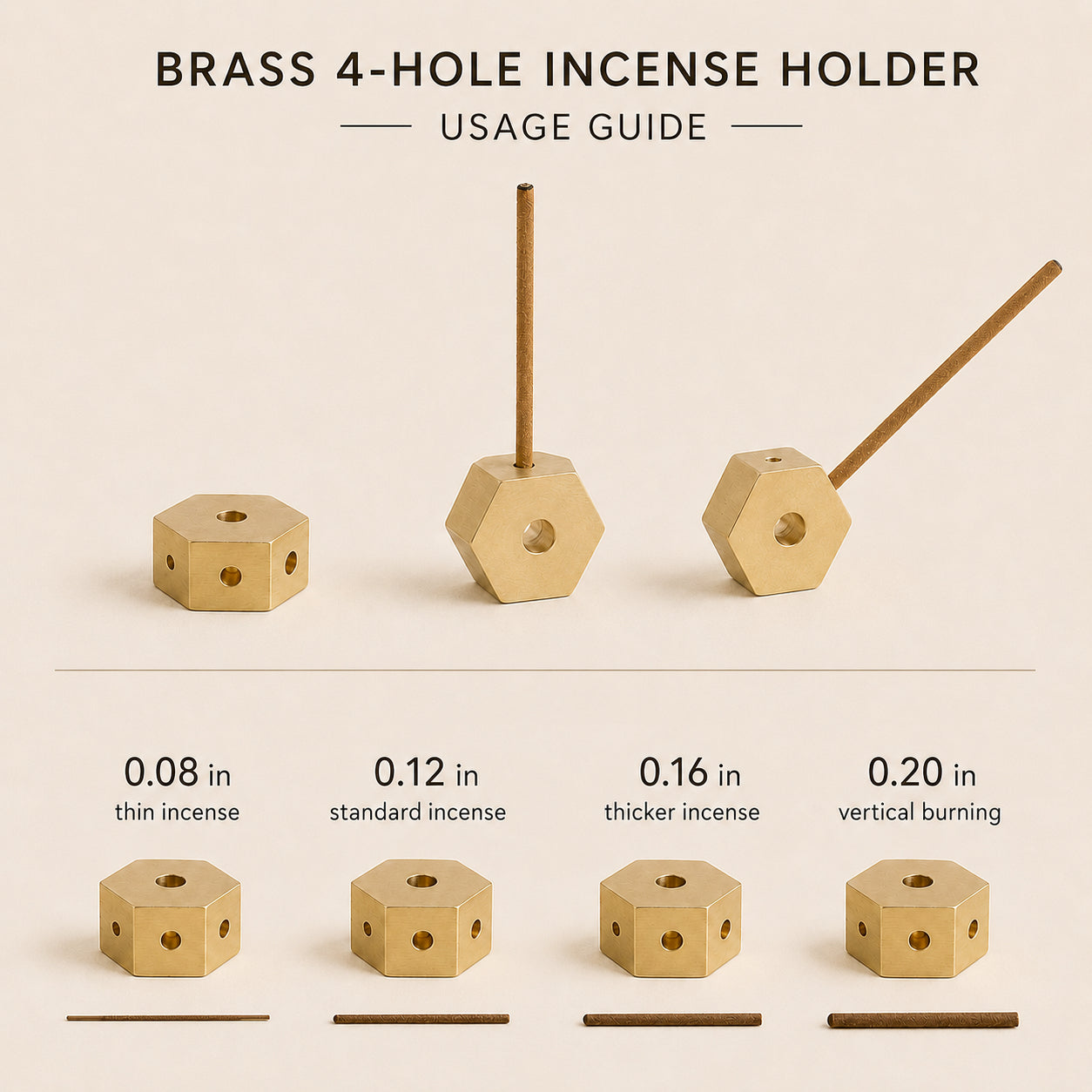 Lhasa Remedy brass 4-hole hexagonal incense holder usage guide sizes 0.08 to 0.20 inch