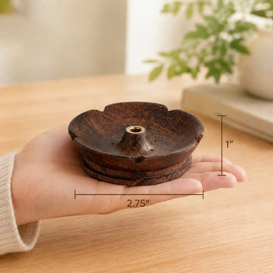 Lhasa Remedy wooden open petal incense holder 2.75 inch wide 1 inch tall shown held in hand