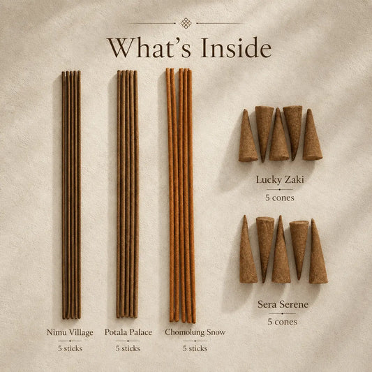 Lhasa Remedy Tibetan incense sampler whats inside 5 blends 15 sticks Nimu Potala Chomo 10 cones Lucky Sera