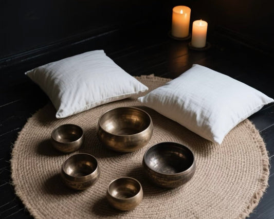 Tibetan singing bowls arranged on a meditation mat with cushions and candles in a quiet, grounding space