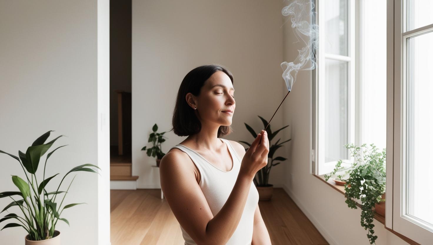 A woman walking through her home while cleansing the air with a lit incense stick during an energy ritual.