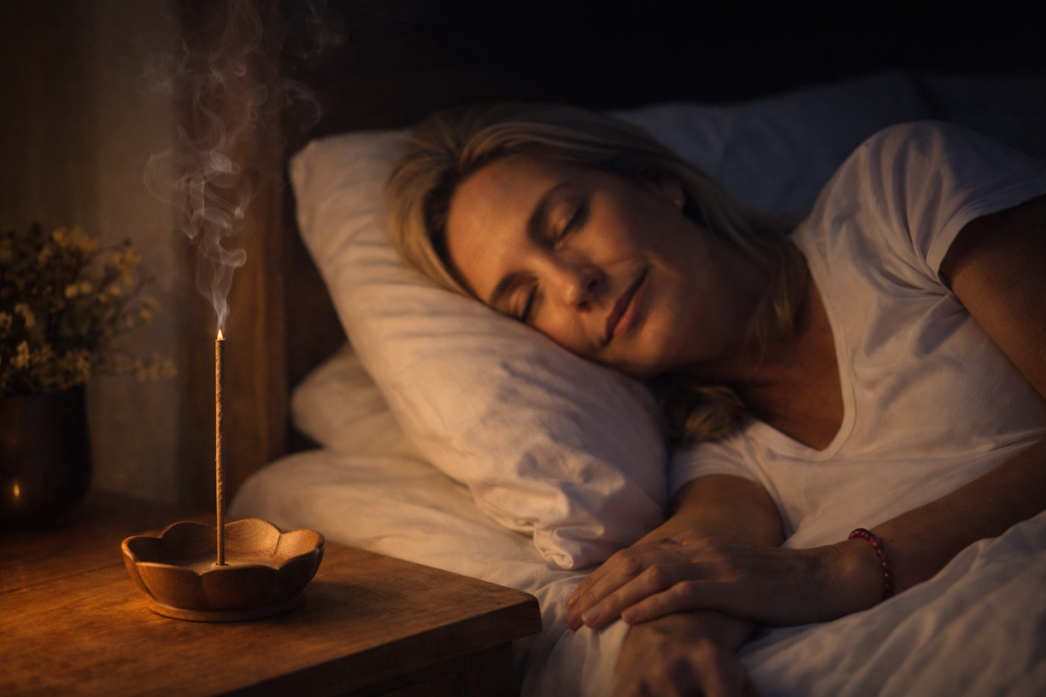 Middle-aged woman relaxing in bed at night with a Tibetan incense stick burning on a bedside holder, creating a calm evening wind-down atmosphere
