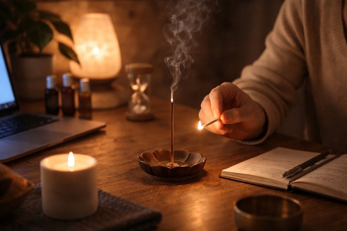 Lighting a Tibetan incense stick on a cozy desk at night with warm ambient light, candle glow, and soft smoke creating a calm evening ritual atmosphere