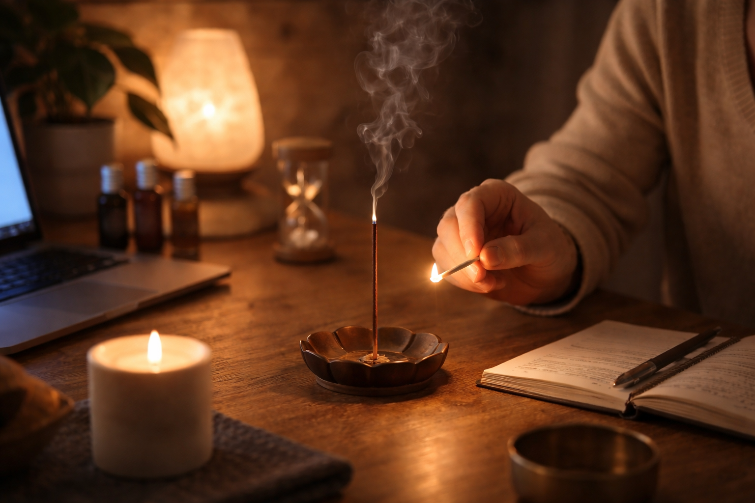 Lighting a Tibetan incense stick on a cozy desk at night with warm ambient light, candle glow, and soft smoke creating a calm evening ritual atmosphere