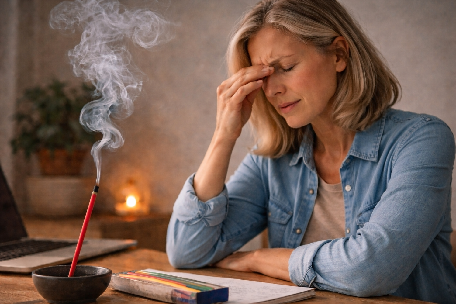 A woman feeling overwhelmed and uncomfortable beside a bright synthetic incense stick emitting thick, heavy smoke, illustrating how artificial incense can feel overpowering.
