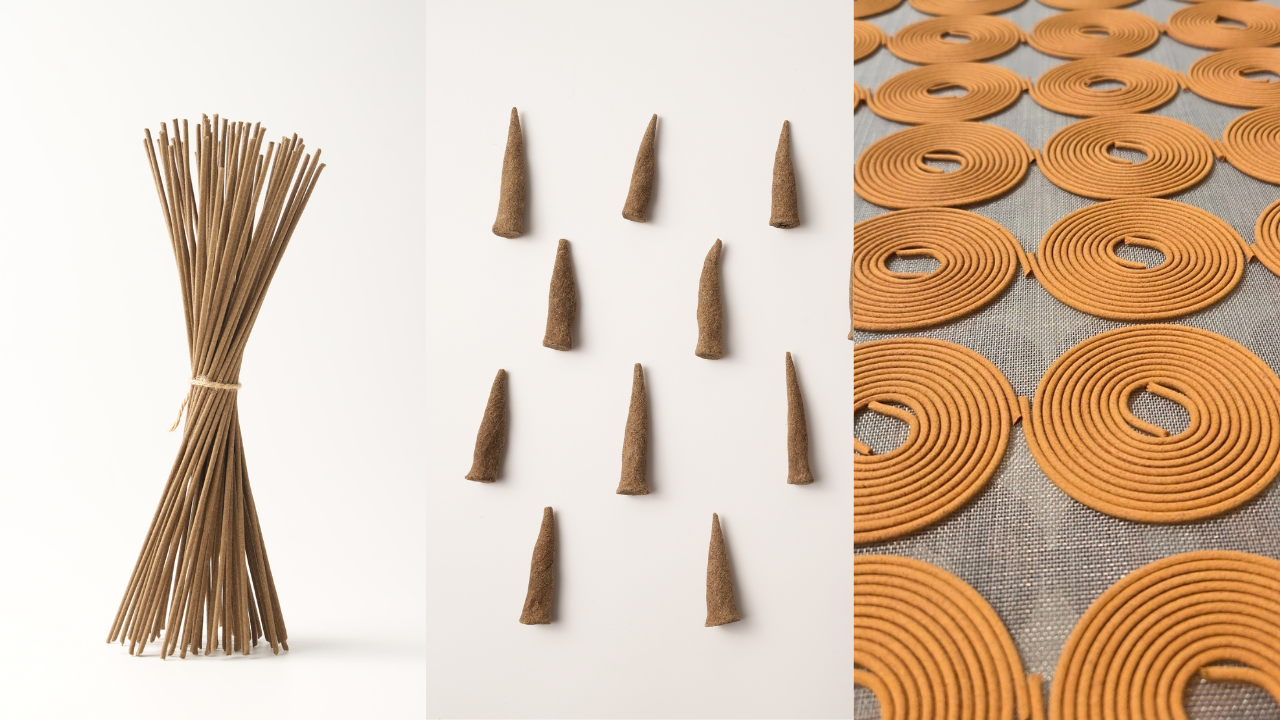 Educational graphic comparing three types of incense: traditional sticks, cones, and spiral coils, displayed on a clean white background.