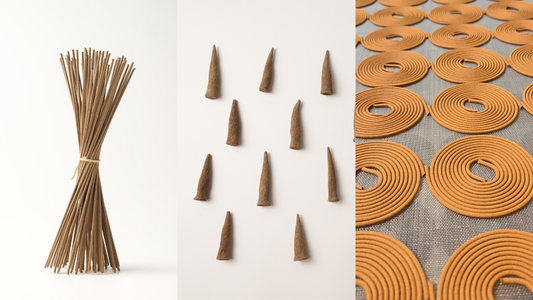 Educational graphic comparing three types of incense: traditional sticks, cones, and spiral coils, displayed on a clean white background.