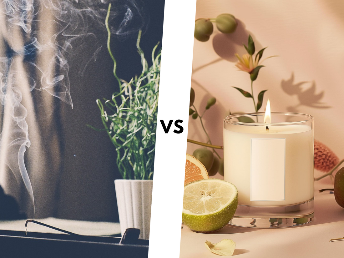  An artistic composition showcasing candle, incense stick, greenery, floral elements, and a multitude of lemons and limes, with characters "VS" in the middle showing this is a comparison between scented candle and Tibetan ncense.