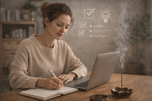 A woman calmly studying at a desk with a Tibetan incense stick burning nearby, showing focus, grounding, and mental clarity for ADHD support