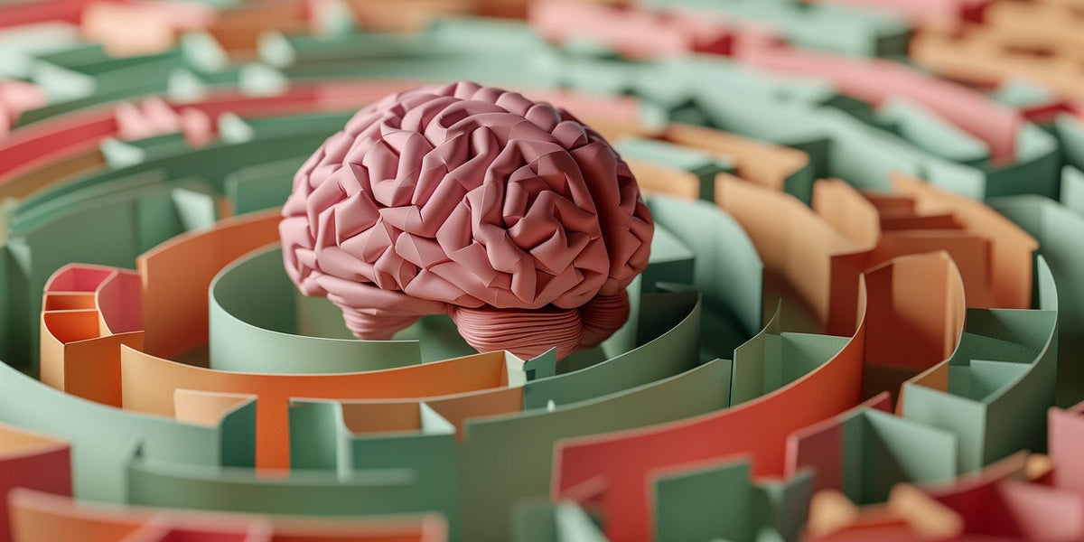 3D illustration of a pink brain inside a colorful maze, symbolizing mental health, problem-solving, and navigating thoughts or challenges.