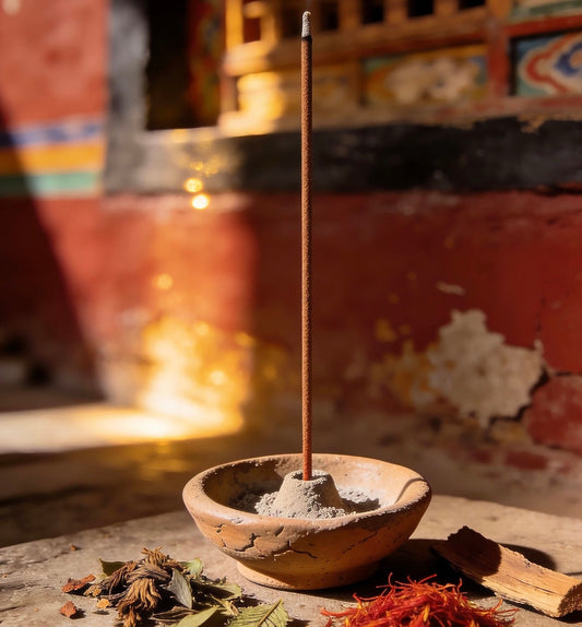 A single hand-rolled Tibetan incense stick burning in a traditional clay bowl, surrounded by raw saffron threads and aromatic wood pieces in a sunlit, rustic setting.