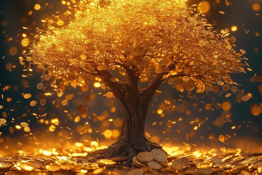 A golden money tree with glowing leaves and gold coins falling from its branches, surrounded by a shimmering pile of coins, set against a dark, dreamy background.