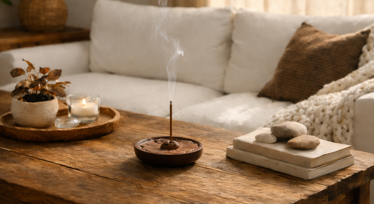 An incense burner resting on a wooden table in a cozy, sunlit living room setting, creating a calm and inviting atmosphere.