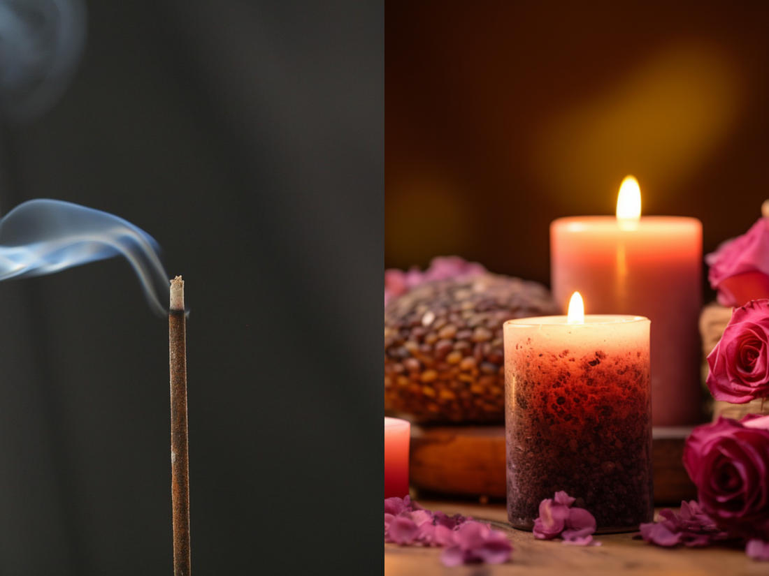 Side-by-side image of a burning incense stick and lit candles surrounded by rose petals, illustrating the choice between incense or candles for rituals and cleansing practices.