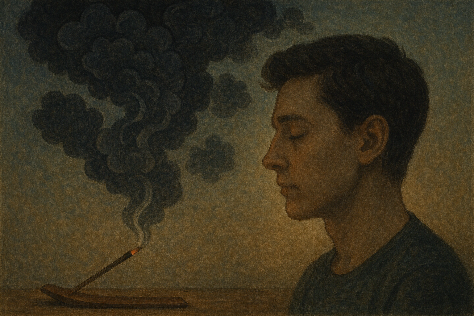 Burning incense with smoke transforming into a glowing sky inside a person's mind, symbolizing the journey from mental chaos to clarity and inner peace.