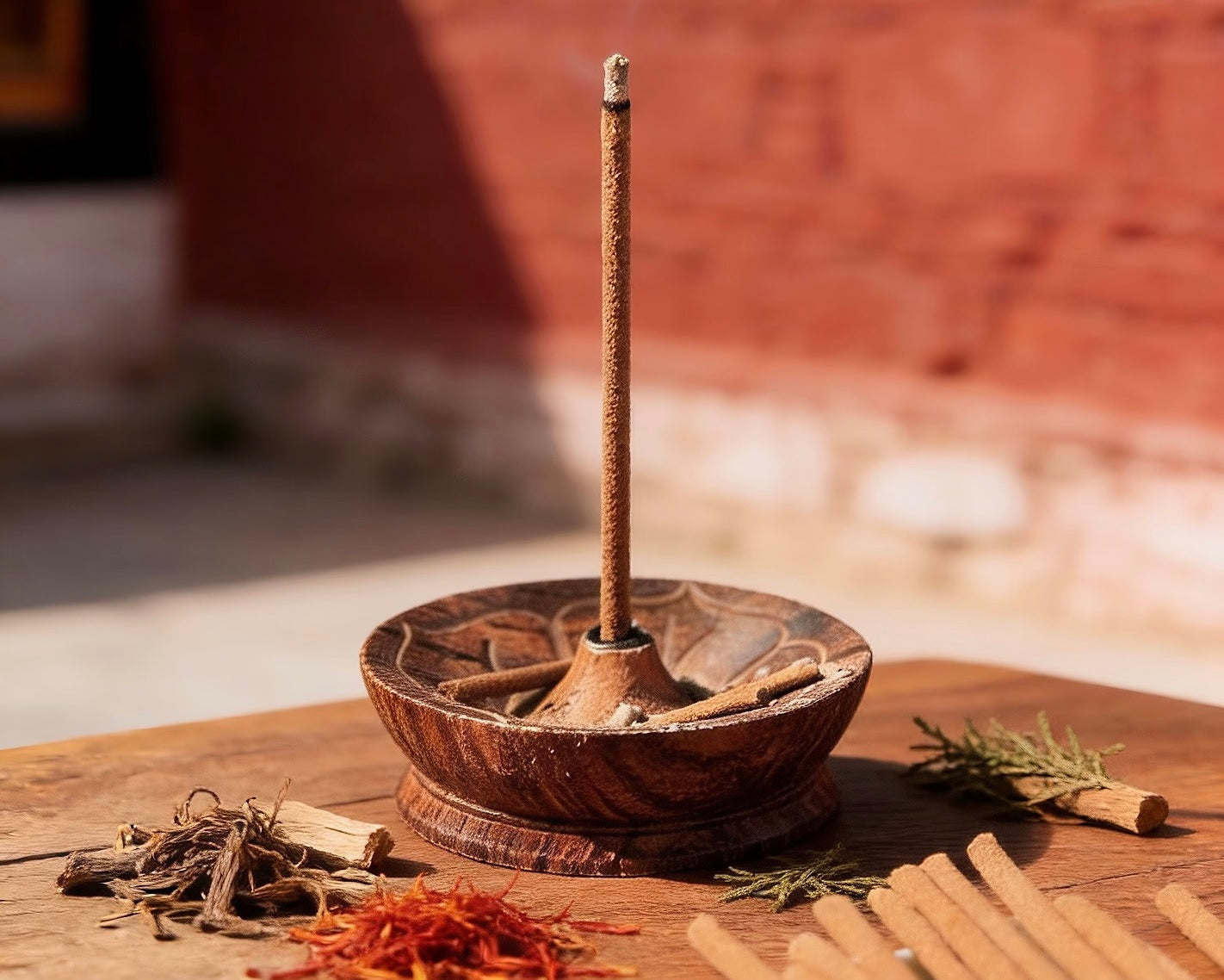 Single Tibetan incense stick placed in a carved wooden incense holder with natural herbs.