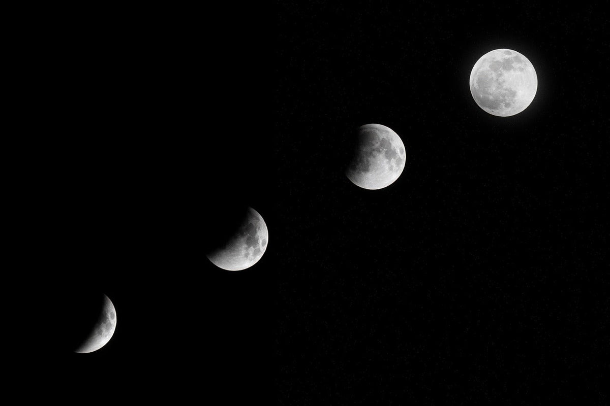 Phases of the moon from crescent to full moon, representing the connection between moon cycles and manifestation rituals using incense.