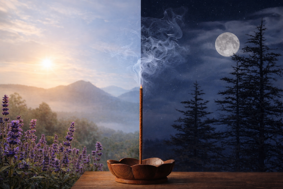 Split scene showing morning and night with a Tibetan incense stick burning in the center, symbolizing morning vs evening incense rituals