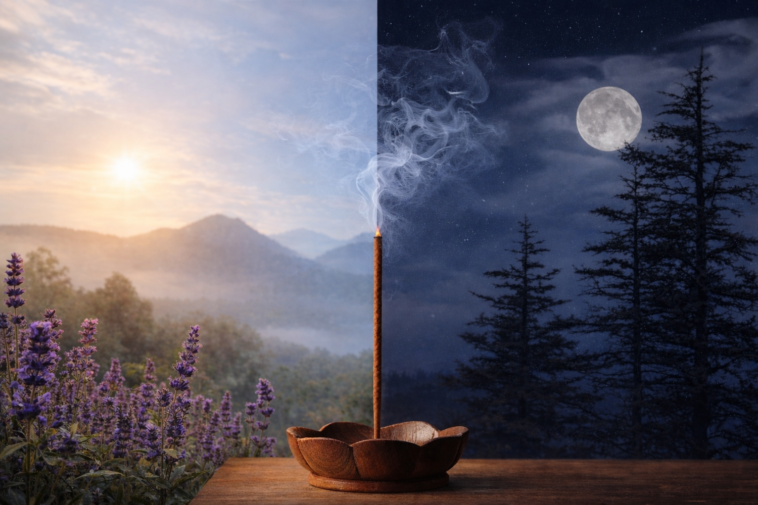Split scene showing morning and night with a Tibetan incense stick burning in the center, symbolizing morning vs evening incense rituals