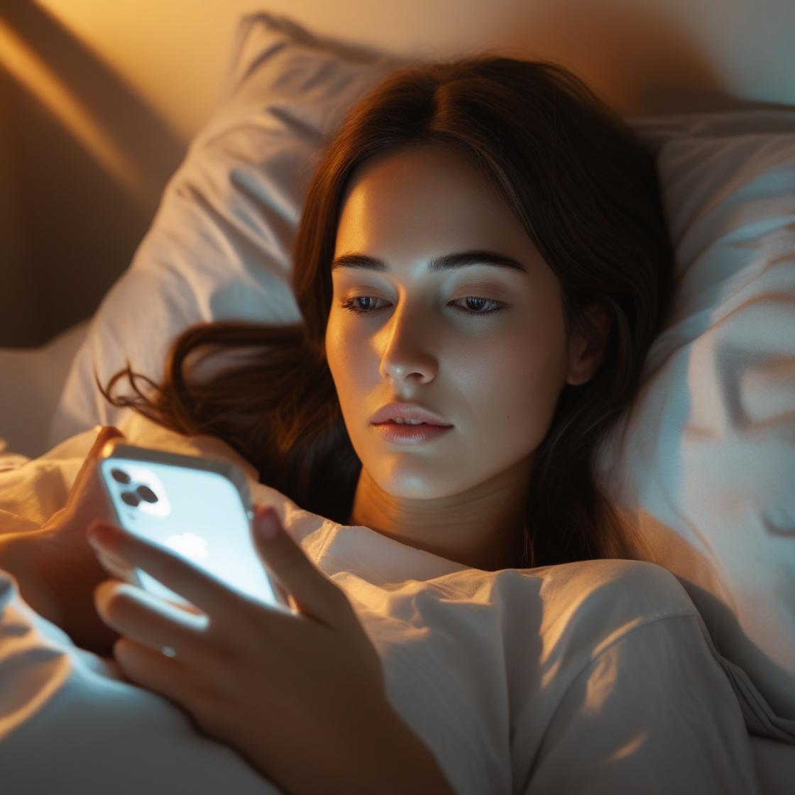 A young woman lying in bed at night, illuminated by her smartphone screen, with a thoughtful expression.