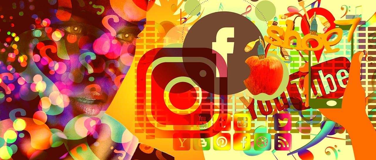 Colorful digital collage with social media icons including Facebook, Instagram, and YouTube overlaid on abstract shapes and a human face.