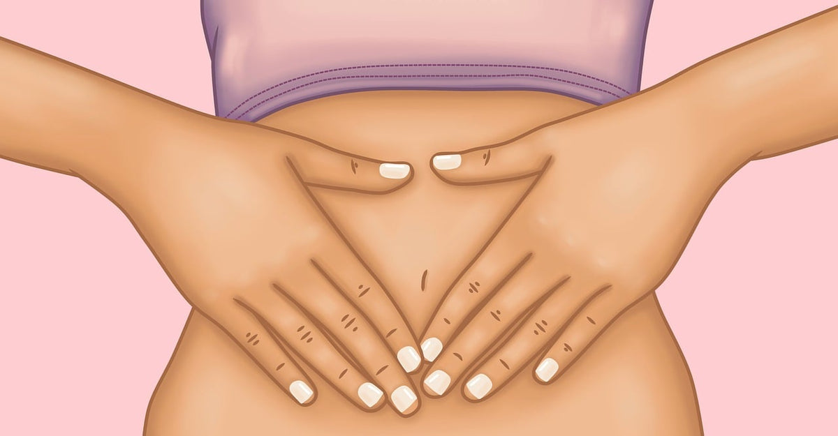 Illustration of hands gently placed on the lower belly in a heart shape, representing a calming gut-focused breathing ritual for digestion and self-care.