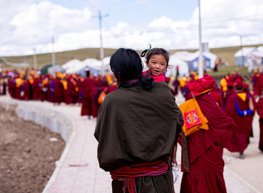 A young Tibetan child being carried by an adult, looking back with curiosity while surrounded by monks in traditional robes during a cultural gathering.