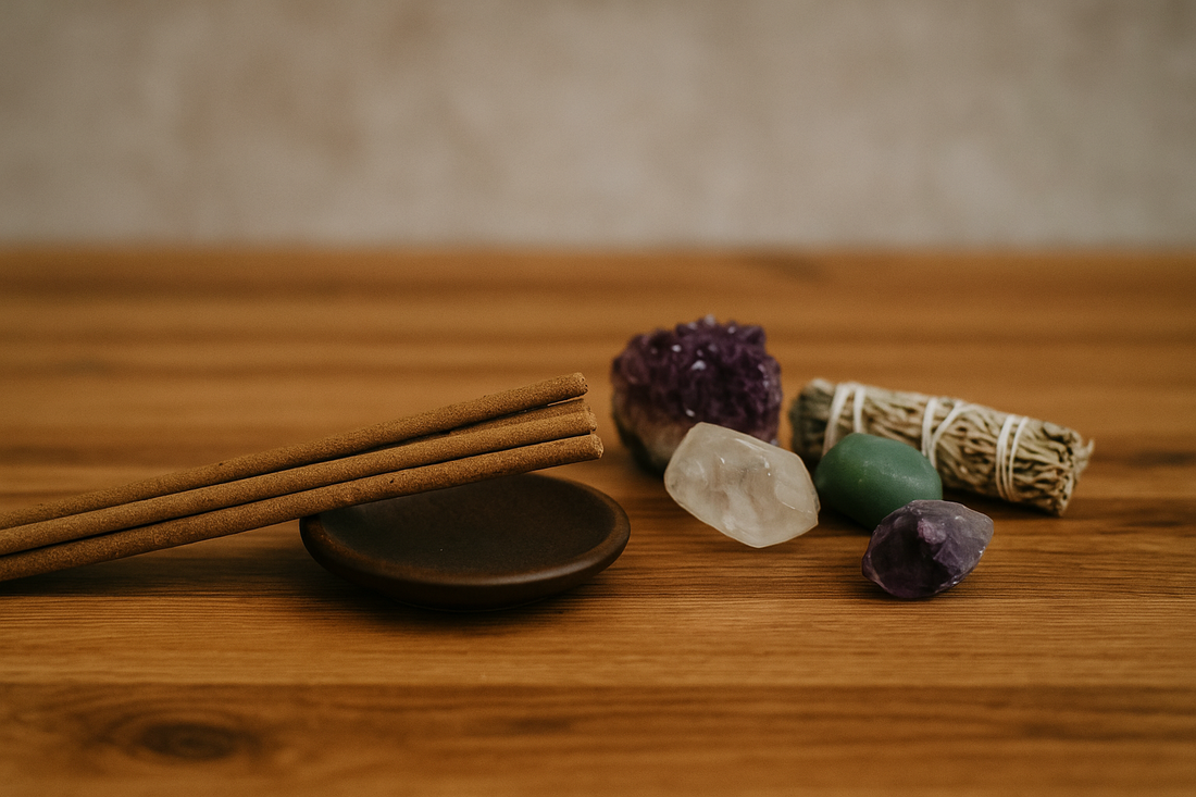 A peaceful scene of Tibetan incense sticks, uniform in thickness without bamboo core, lying beside polished healing crystals on a rustic wooden tray, set against a neutral textured background, evoking a grounded and tranquil vibe.
