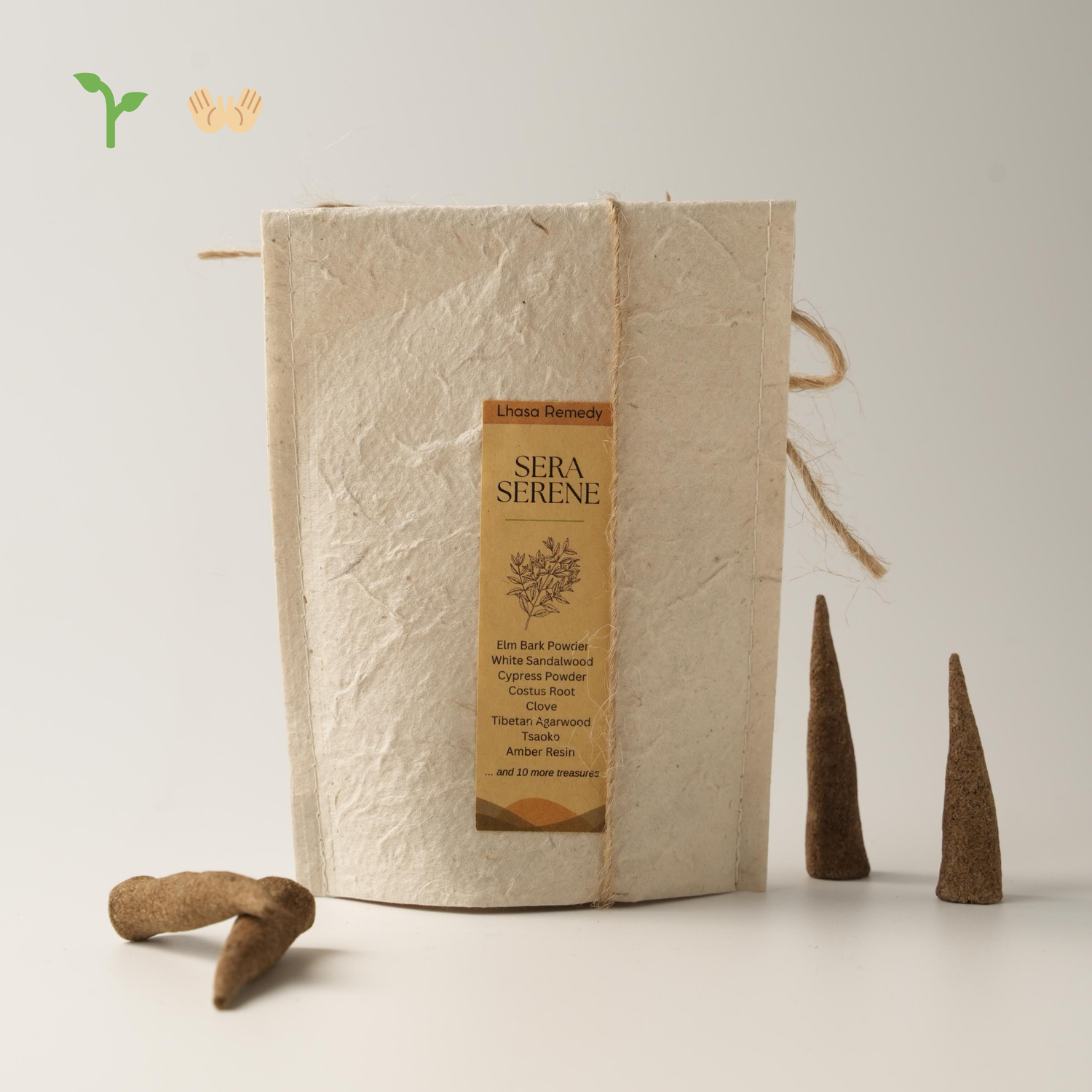 Lhasa Remedy Sera Serene incense cone for meditation and calm, with fragrant smoke and natural cone shape.