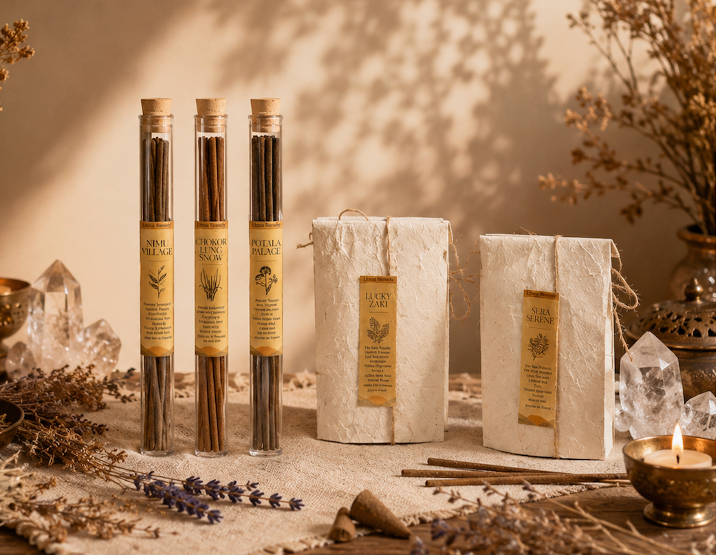 Three glass tubes and two white boxes with labels on a textured surface with lavender and candles.