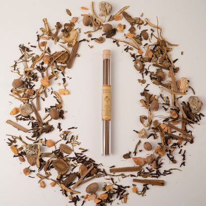 Potala Palace Tibetan incense sticks in a glass tube, surrounded by traditional Chinese medicinal herbs in a circular flat lay.