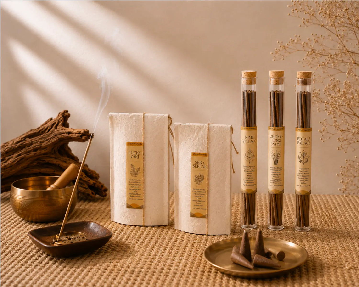 Premium Tibetan incense collection with handcrafted incense sticks, incense cones, and traditional meditation decor