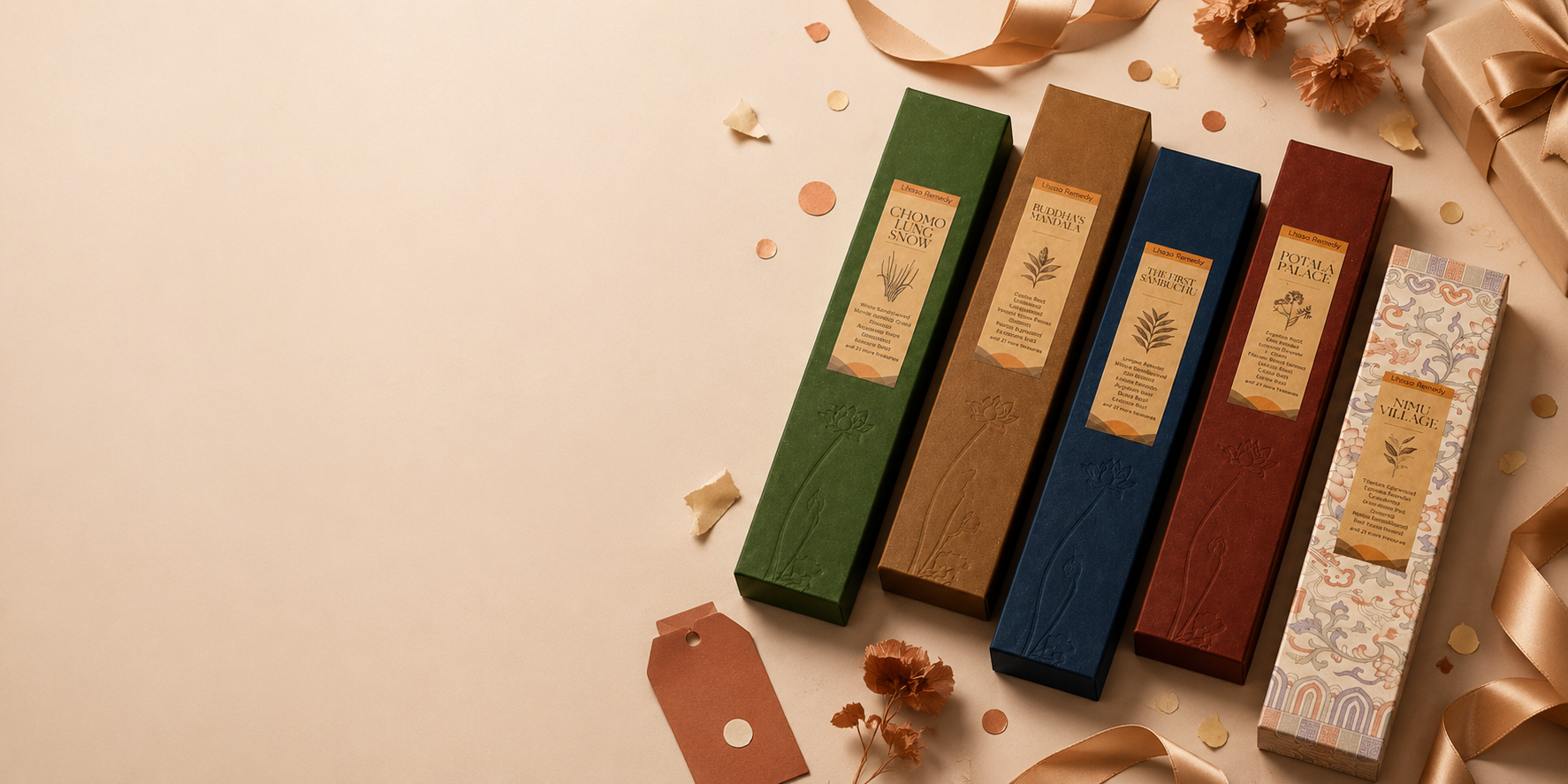 Set of six wooden incense sticks in different colors with decorative labels on a beige background.
