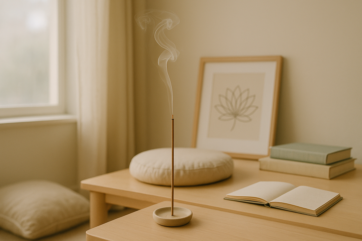 A calming home ritual scene with a single Tibetan incense stick gently burning in a minimalist space, surrounded by a meditation cushion, open journal, and soft natural light — representing the simplicity of weekly energetic cleansing.
