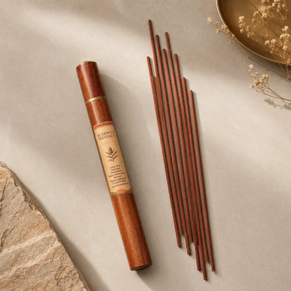 Lhasa Remedy Buddhas Mandala Tibetan incense sticks flat lay beside rosewood tube agarwood cinnamon bark