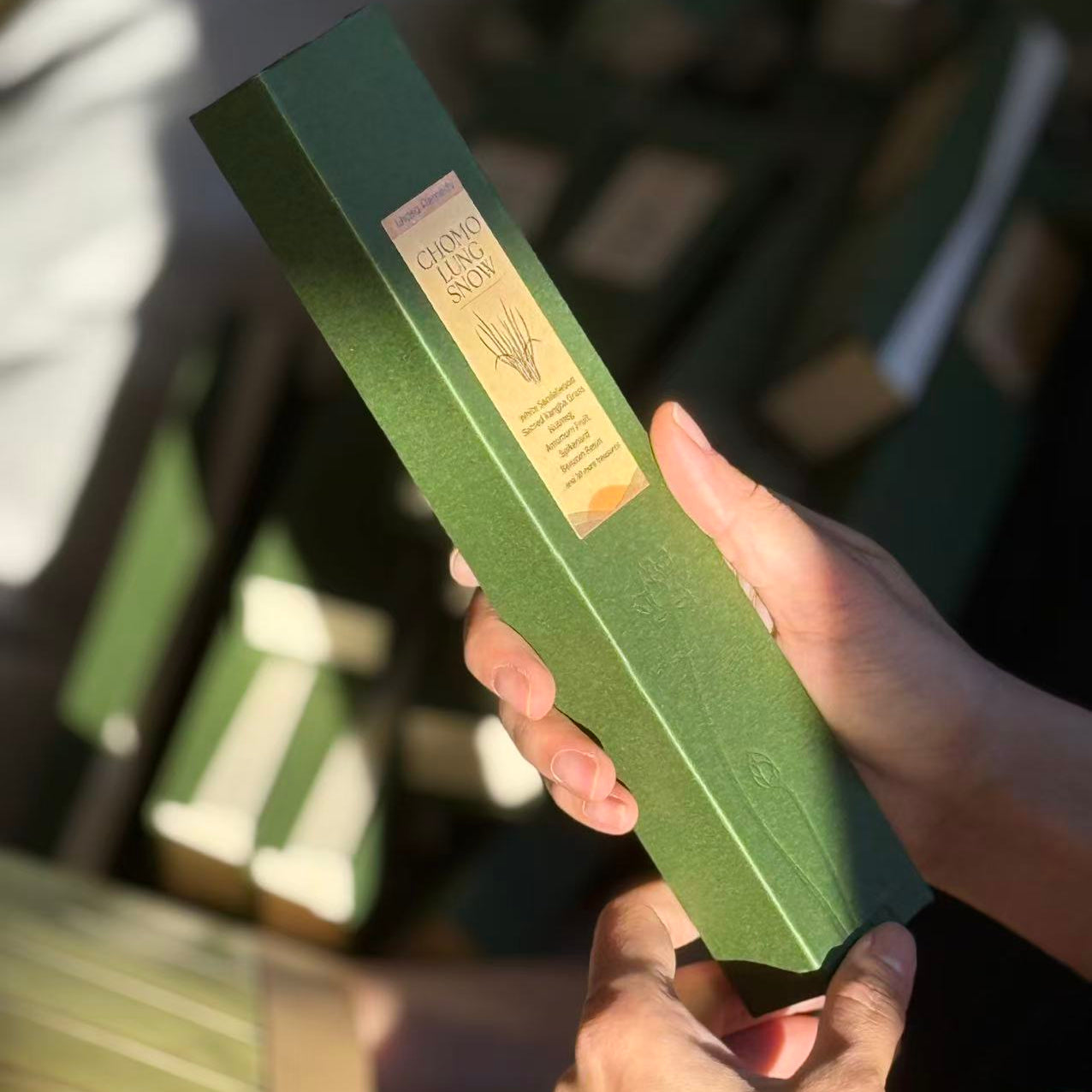Hand holding Lhasa Remedy Chomo Lung Snow Tibetan incense green luxury rigid box in sunlight