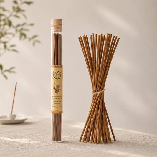 Lhasa Remedy Chomo Lung Snow Tibetan herbal incense sticks bundled with cork-top glass tube

