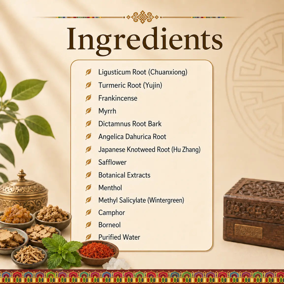 Lhasa Remedy joint meridian cream ingredients Ligusticum Turmeric Frankincense Myrrh Safflower Menthol


