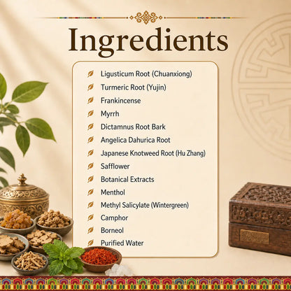 Lhasa Remedy joint meridian cream ingredients Ligusticum Turmeric Frankincense Myrrh Safflower Menthol

