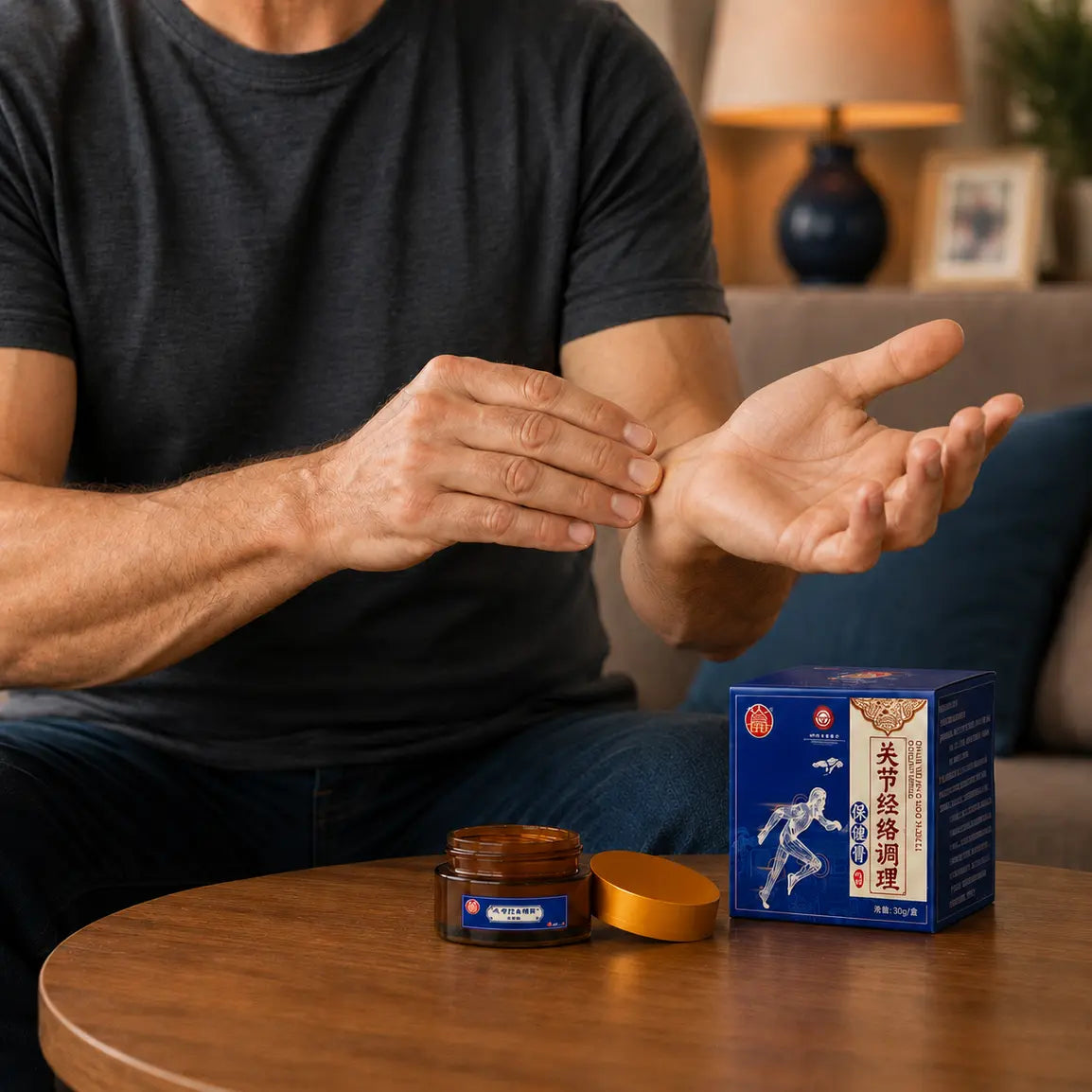 Man massaging wrist with Lhasa Remedy joint meridian cream 30g amber jar and blue box on table
