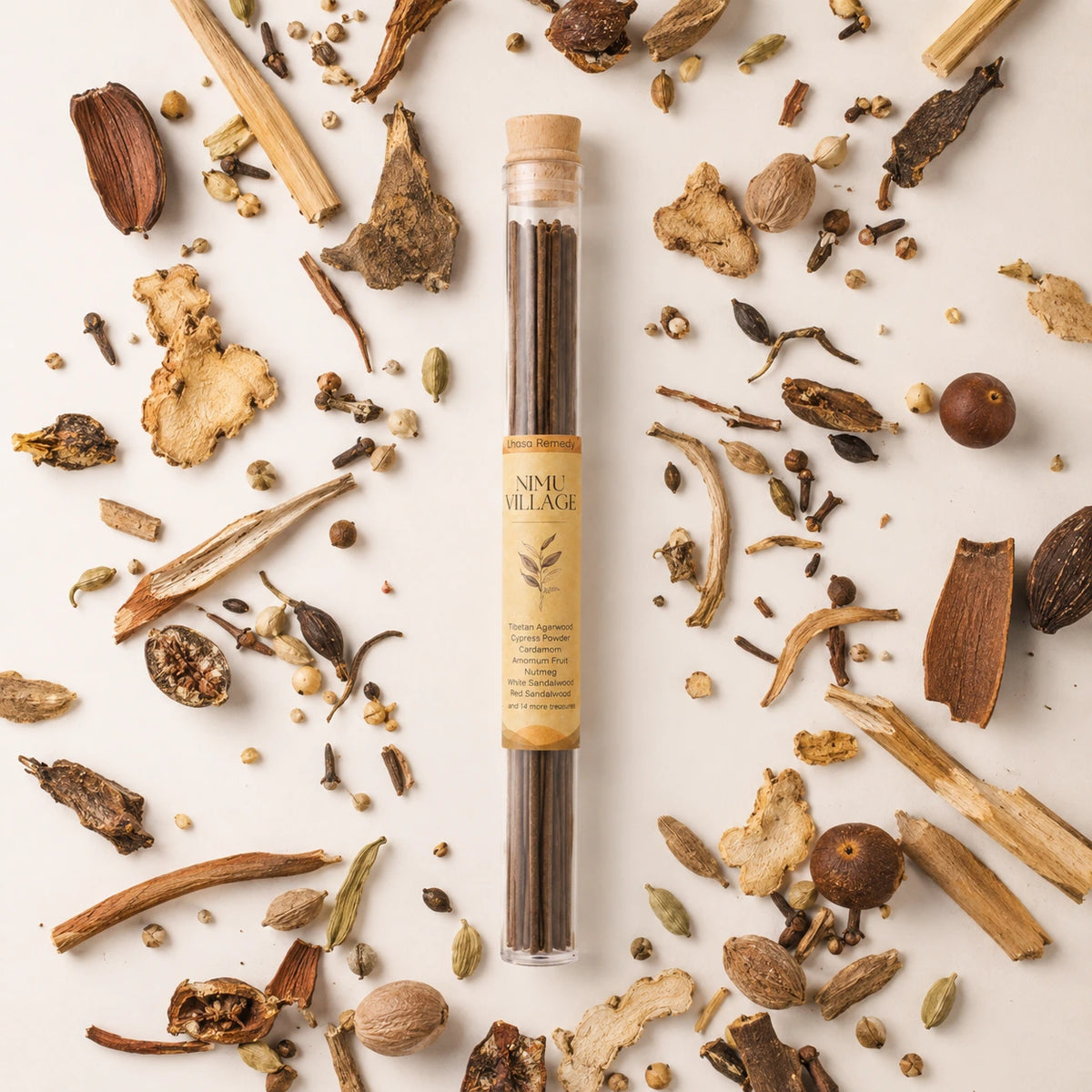 Lhasa Remedy Nimu Village Tibetan incense herbs agarwood cardamom nutmeg sandalwood flat lay