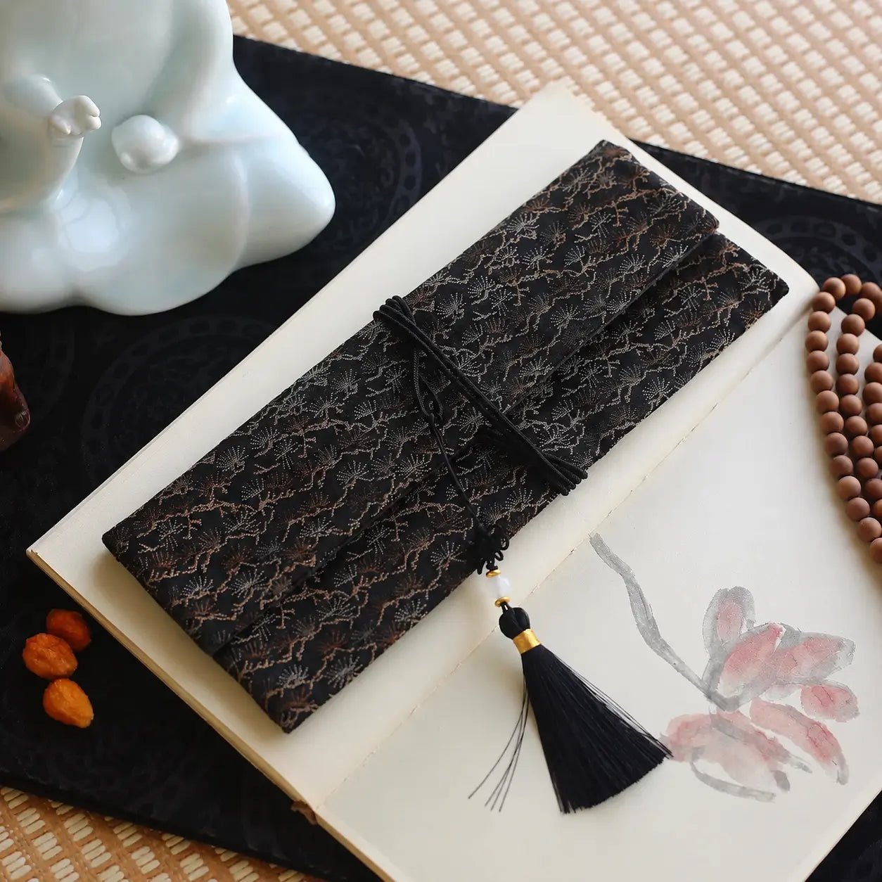 Lhasa Remedy Silken Ritual incense carry pouch black ink brocade branch pattern black tassel open book