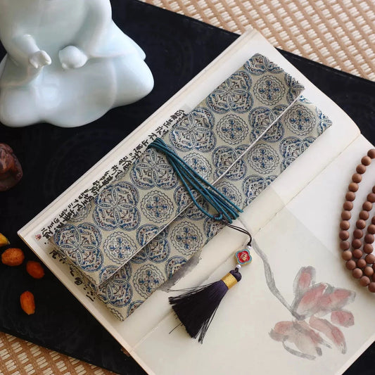 Lhasa Remedy Silken Ritual incense carry pouch copper gold ginkgo leaf brocade red tassel wooden tray