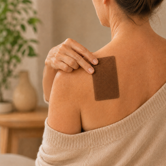 Woman applying Lhasa Remedy Tibetan herbal pain relief patch on shoulder and upper back