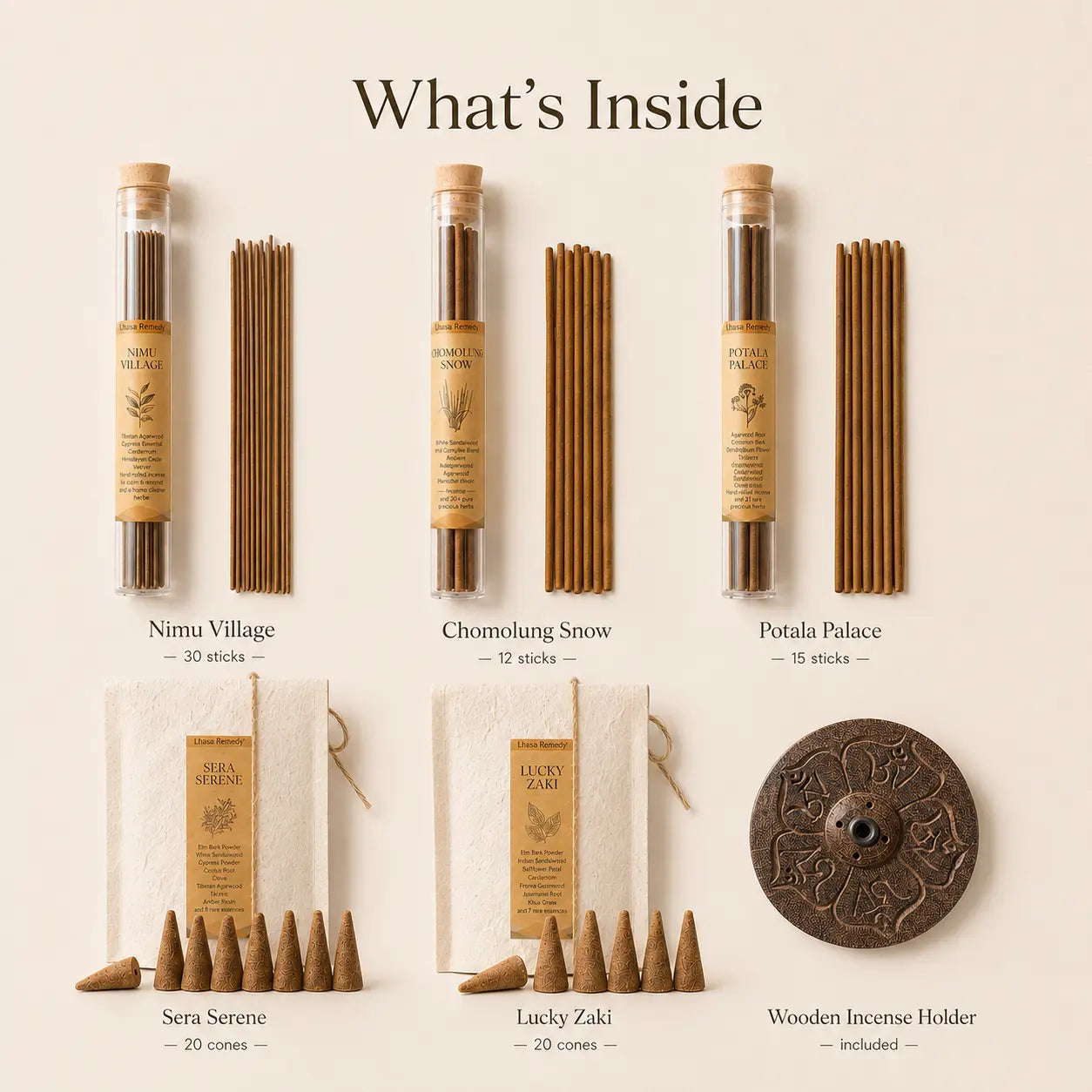 Lhasa Remedy 5 scent Tibetan incense set Nimu Village Chomo Potala Palace Sera Serene Lucky Zaki mandala holder