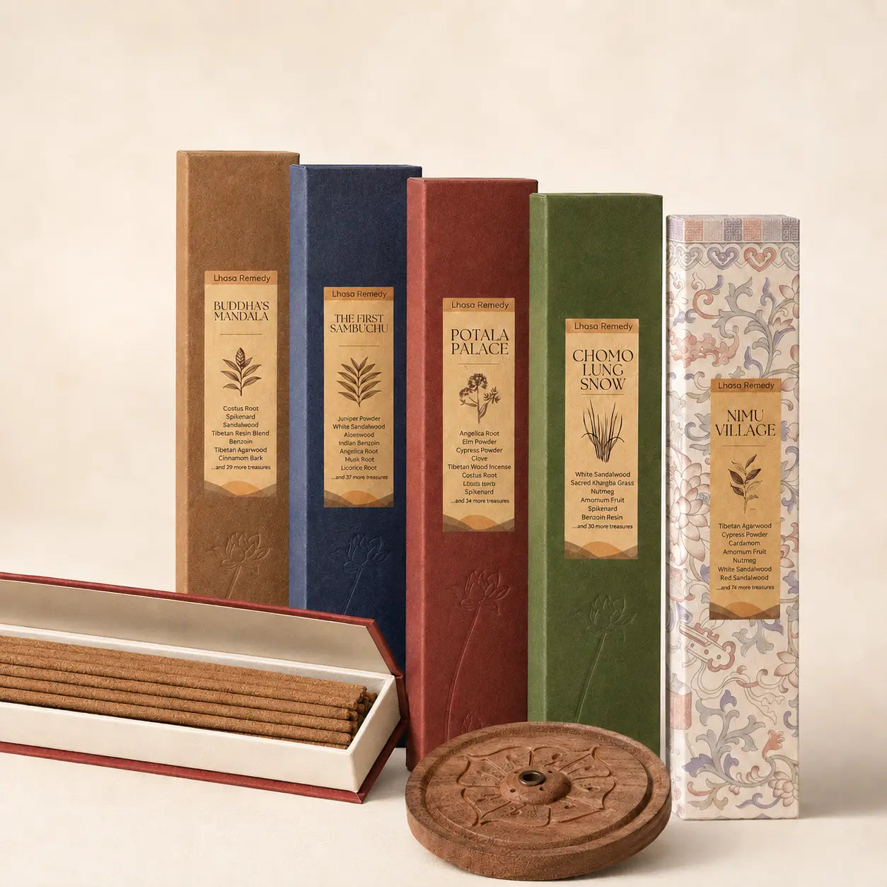 Lhasa Remedy Tibetan incense quintet 5 varieties open box sticks wooden carved lotus holder product