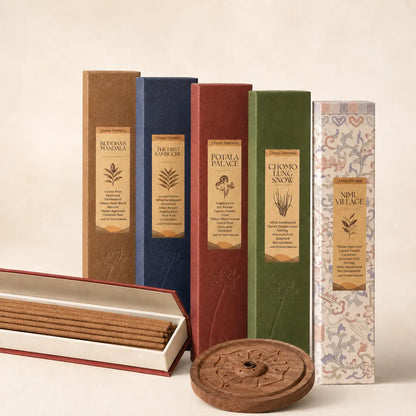 Lhasa Remedy Tibetan incense quintet 5 varieties open box sticks wooden carved lotus holder product