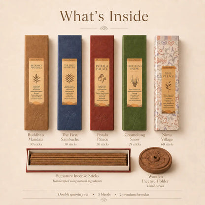 Lhasa Remedy Tibetan incense quintet whats inside 5 blends 174 sticks wooden holder double quantity