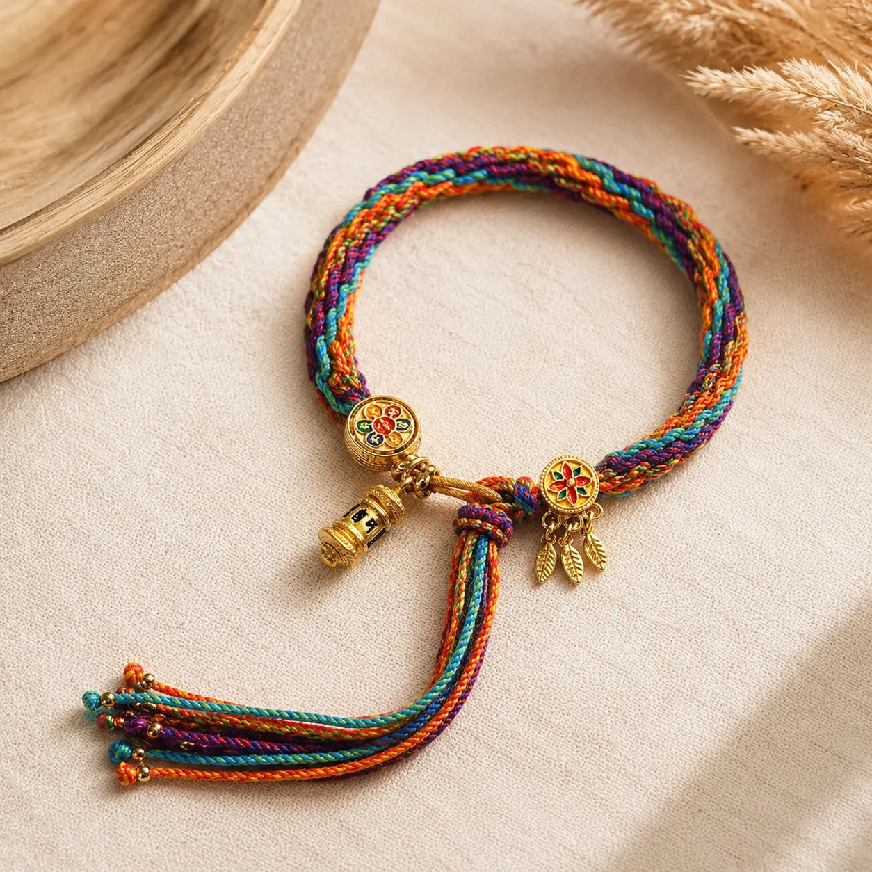 Lhasa Remedy Tibetan prayer bracelet features mantra disc prayer wheel dreamcatcher pendant five-color thread

