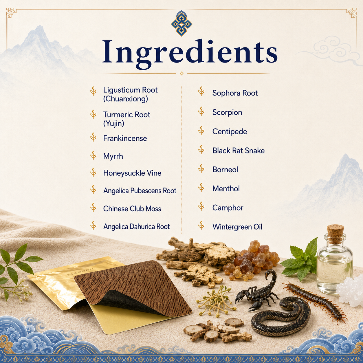 Tibetan Snake Bone Patch ingredients Ligusticum Root Frankincense Myrrh Scorpion Menthol Camphor